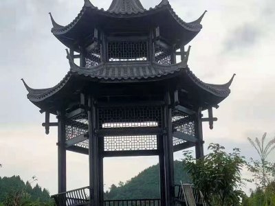 山区双层六角石凉亭